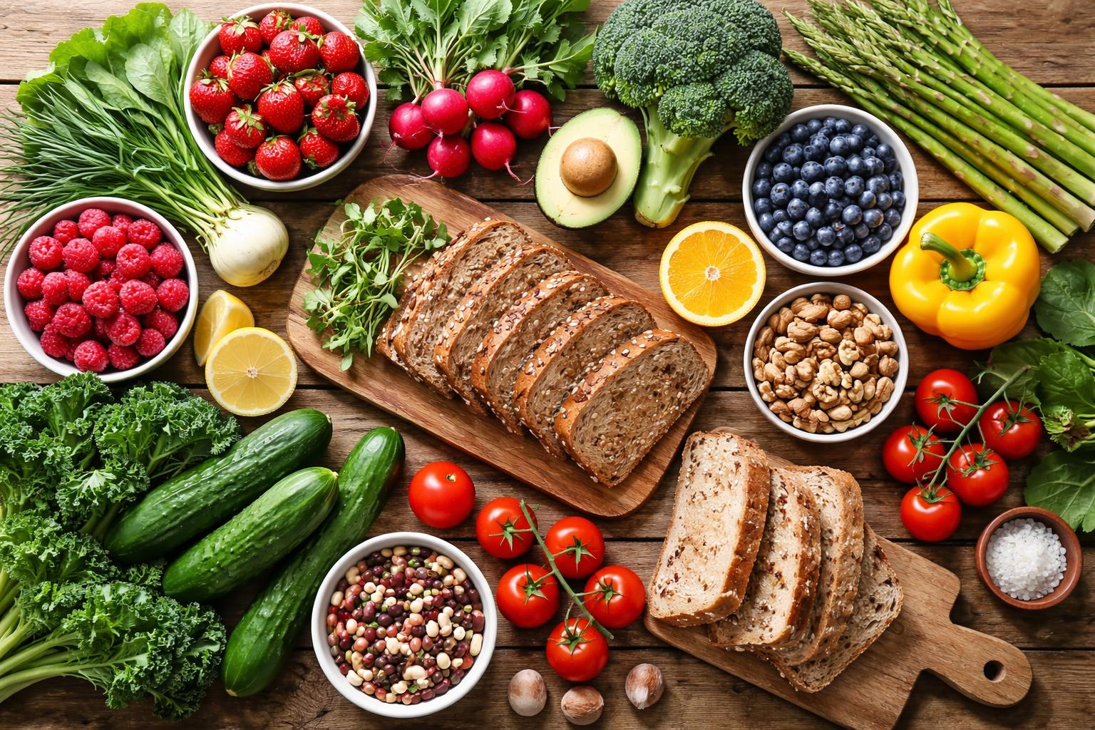 Fresh colorful vegetables and fruits arranged on a wooden kitchen table, including berries, leafy greens, garlic, walnuts, and whole grain bread, natural daylight, top view, healthy eating concept