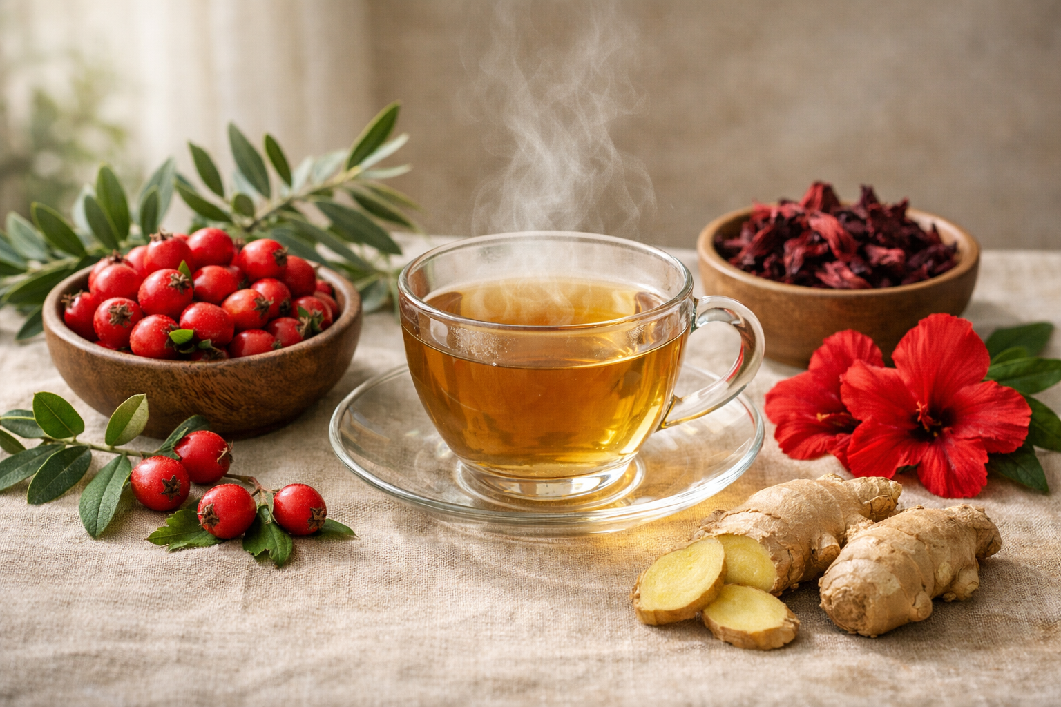 Herbal tea setup with fresh hawthorn berries, olive leaves, hibiscus flowers and ginger root on a natural linen tablecloth, steaming teacup, soft natural light, wellness concept